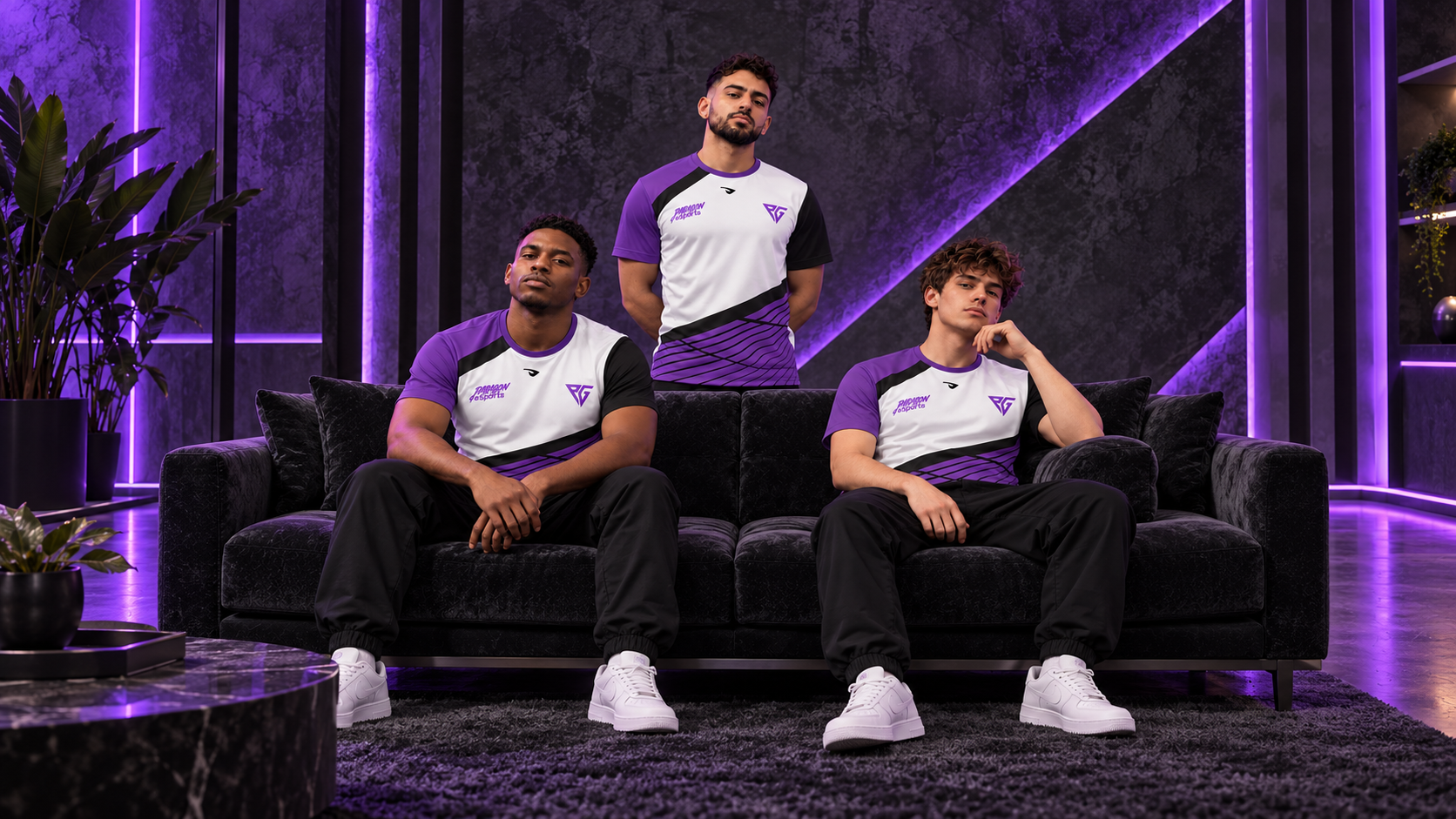 Promotional artwork featuring three people in Paragon jerseys