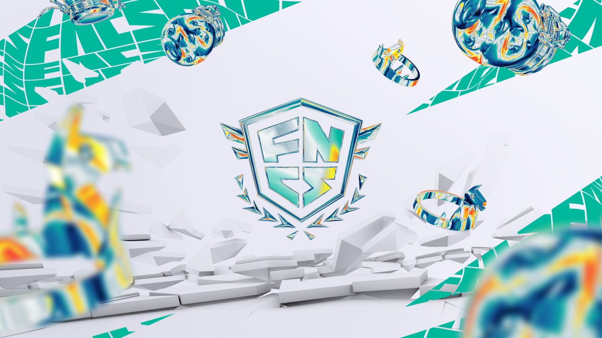 FNCS Finals artwork featuring a silver FNCS emblem, crowns and green accents