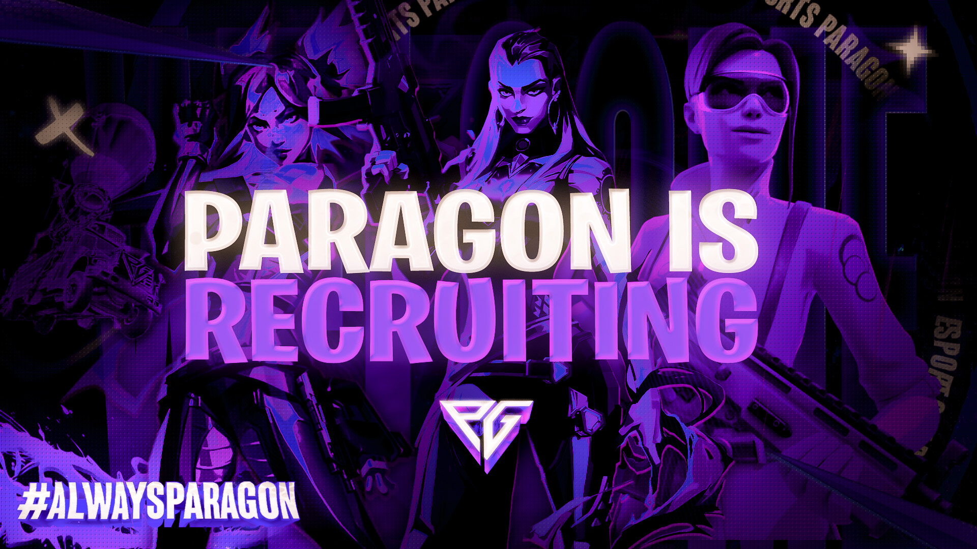 Paragon eSports recruiting announcement featuring Fortnite characters in purple team artwork
